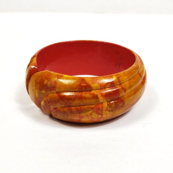 Vintage Thick Wooden Chunky Cuff Bracelet Handpainted Hippie Boho 70's Handmade - Picture 1 of 8